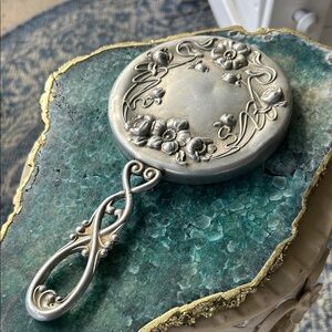 Vintage Art Nouveau Silver Hand Mirror with Floral Design